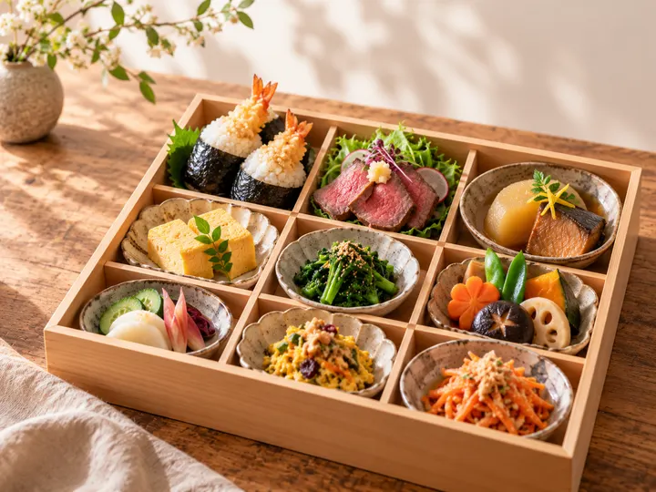 木の仕切り箱に、小皿に盛ったおばんざいを詰めたお弁当