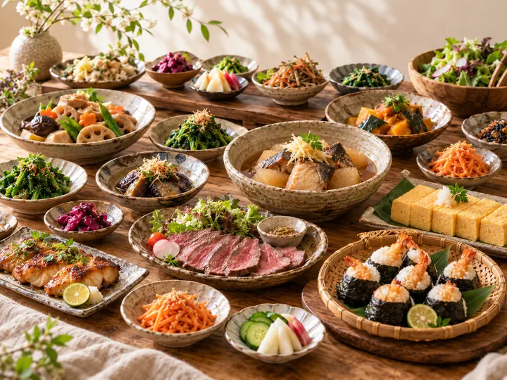 大皿や小鉢に盛った季節のおばんざいを、ビュッフェのように並べた食卓