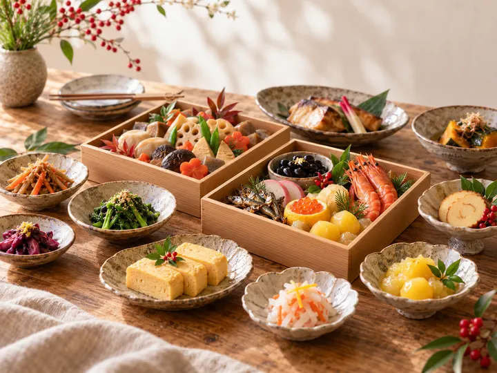 木の重箱に詰めたお正月料理と、小皿のおばんざいを並べた食卓