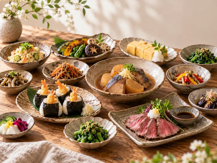 陶器の小皿や鉢に、煮物や和え物などのおばんざいを盛りつけて並べた食卓